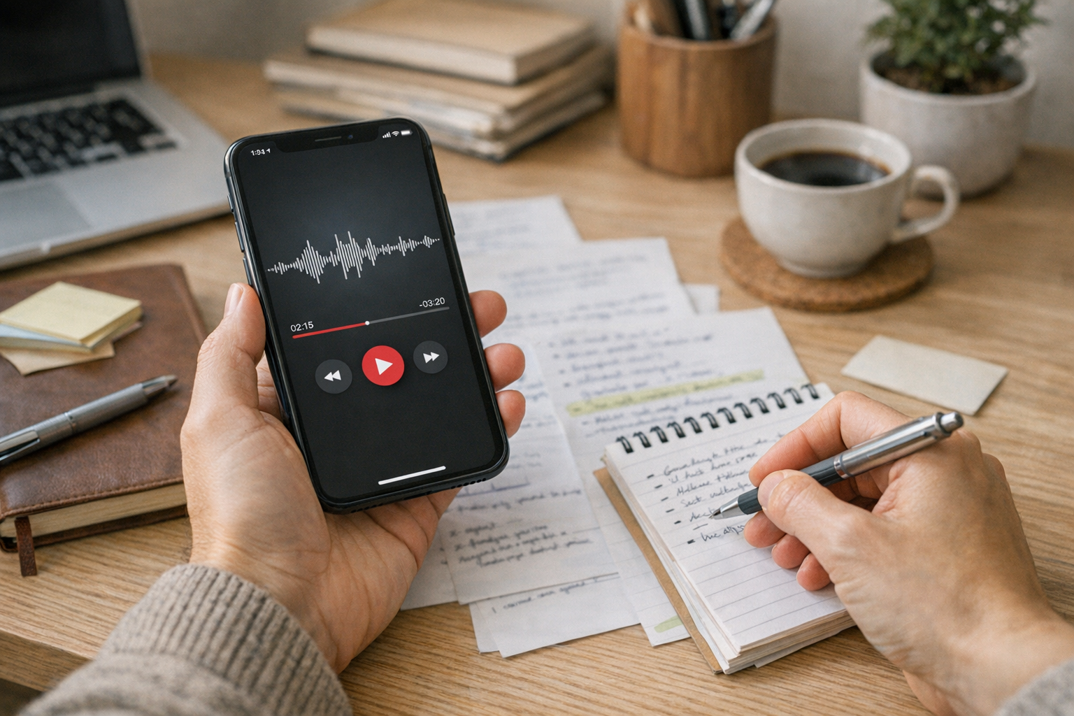Una persona riascolta una conversazione telefonica registrata su iPhone mentre o...