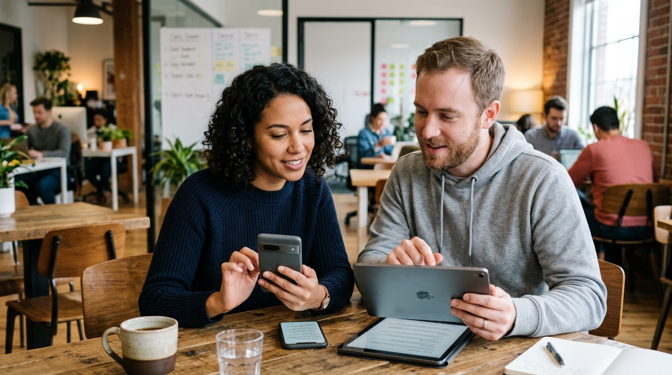 Realistic small team setting with two people reviewing summarized call notes on ...