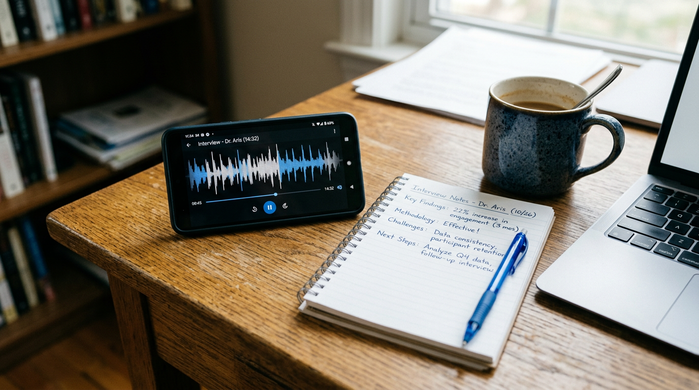 Close-up realistic image of a smartphone on a desk showing an audio waveform and...