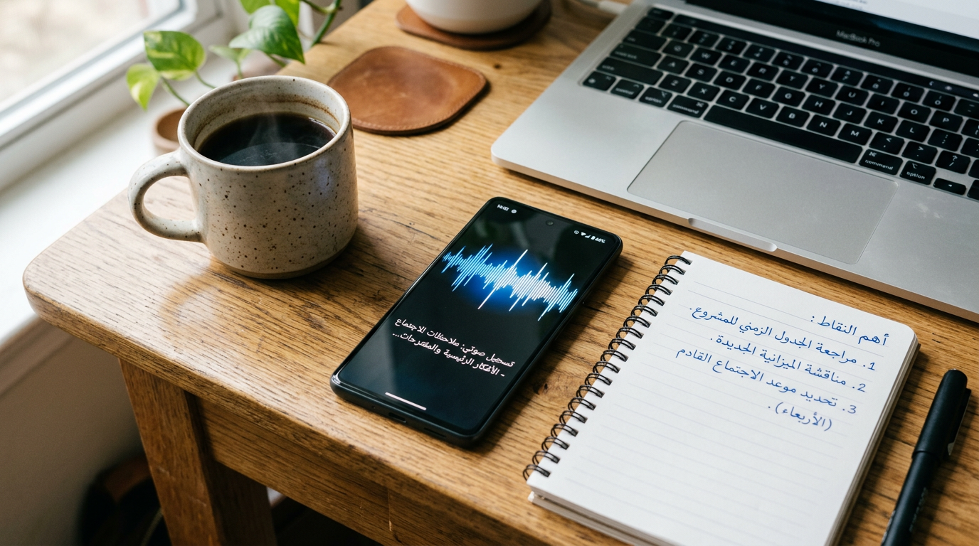 صورة واقعية مقرّبة لهاتف ذكي على مكتب يعرض واجهة موجة صوتية ونصًا مفرغًا بجانب م...