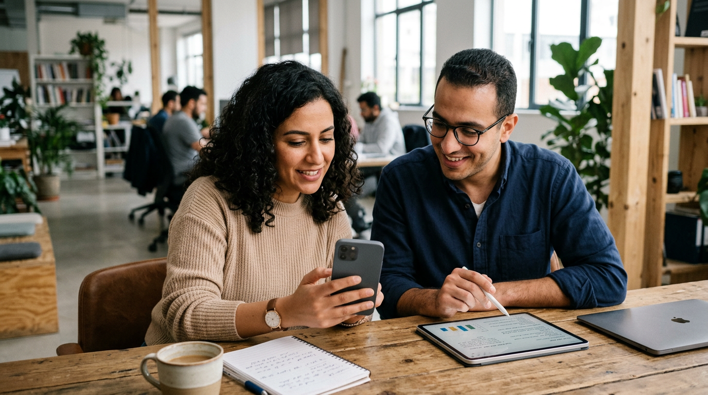 بيئة عمل واقعية لفريق صغير مع شخصين يراجعان ملاحظات مكالمة مُلخّصة على هاتف ذكي ...