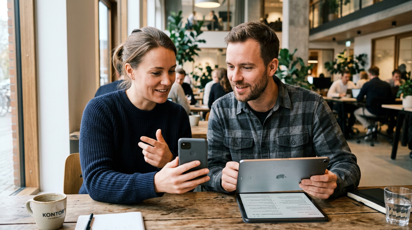 Realistisk lille team-situation med to personer, der gennemgår opsummerede opkal...