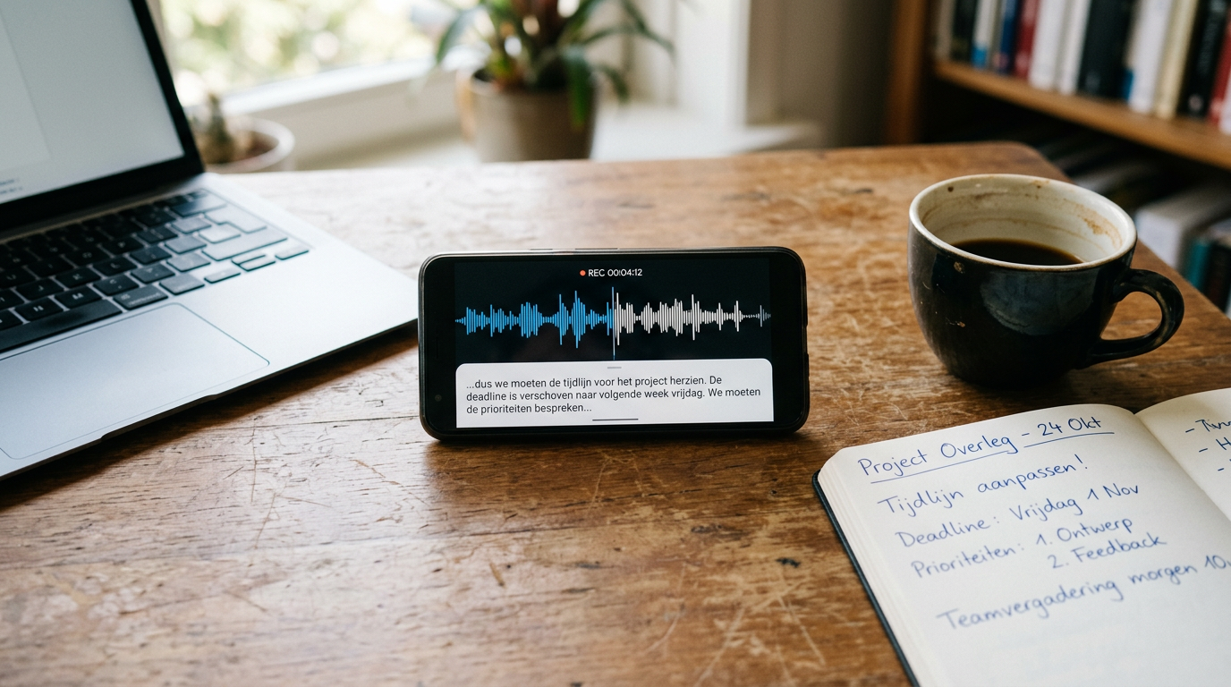 Realistische close-up van een smartphone op een bureau met een audiogolfvorm en ...