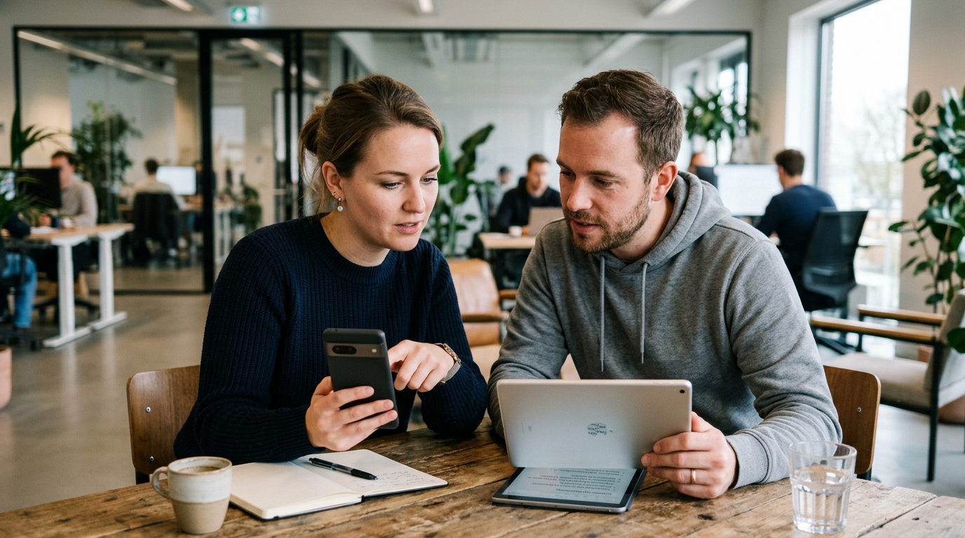 Realistische setting van een klein team met twee mensen die samengevatte gesprek...