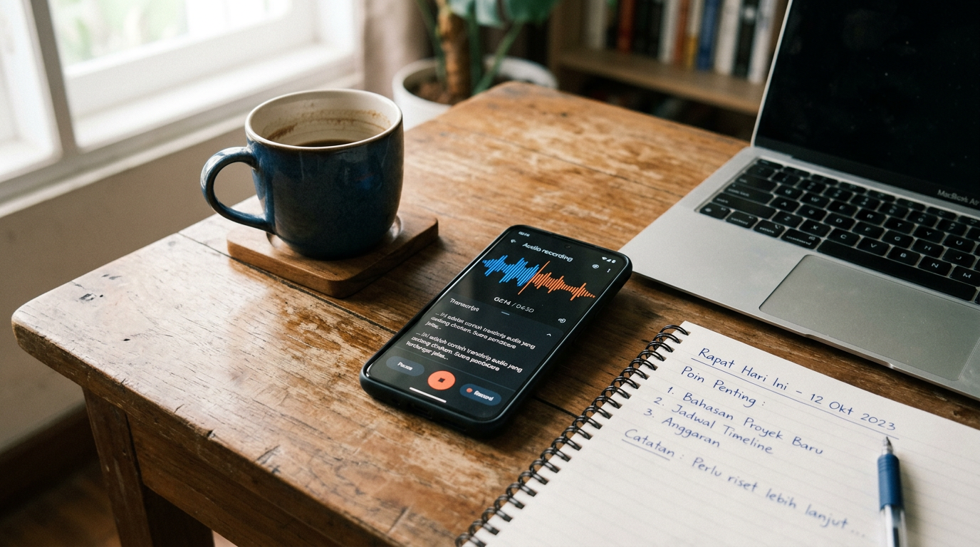 Gambar realistis close-up sebuah smartphone di atas meja yang menampilkan gelomb...