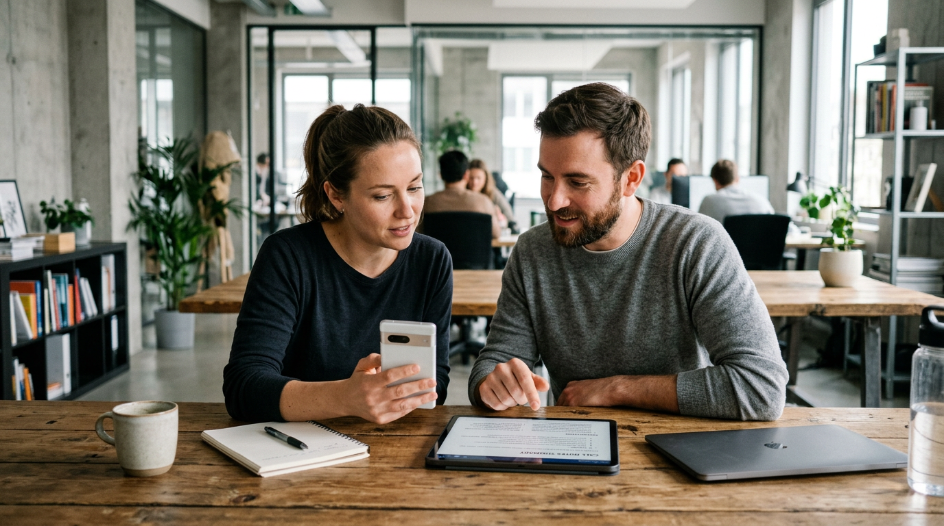 Suasana realistis tim kecil dengan dua orang meninjau ringkasan catatan panggila...