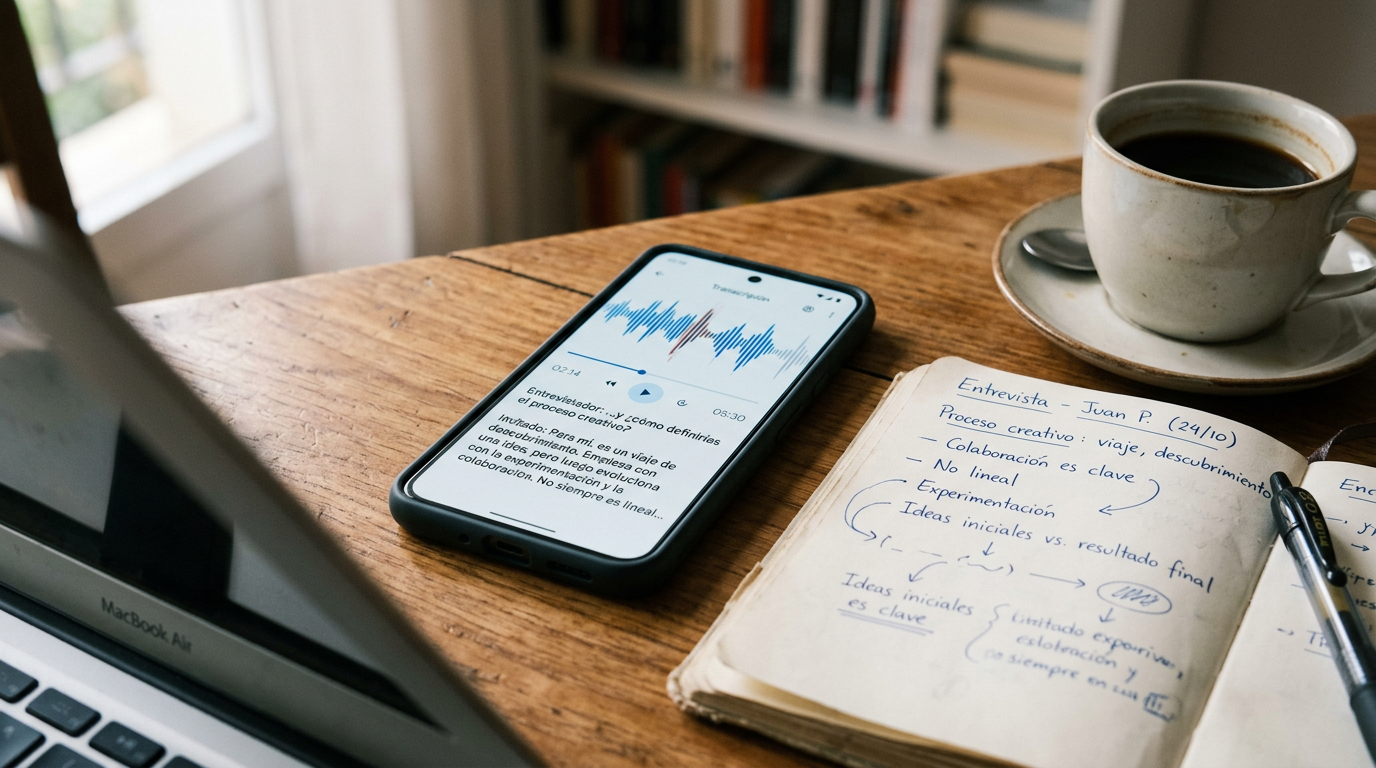 Imagen realista en primer plano de un smartphone sobre un escritorio mostrando u...