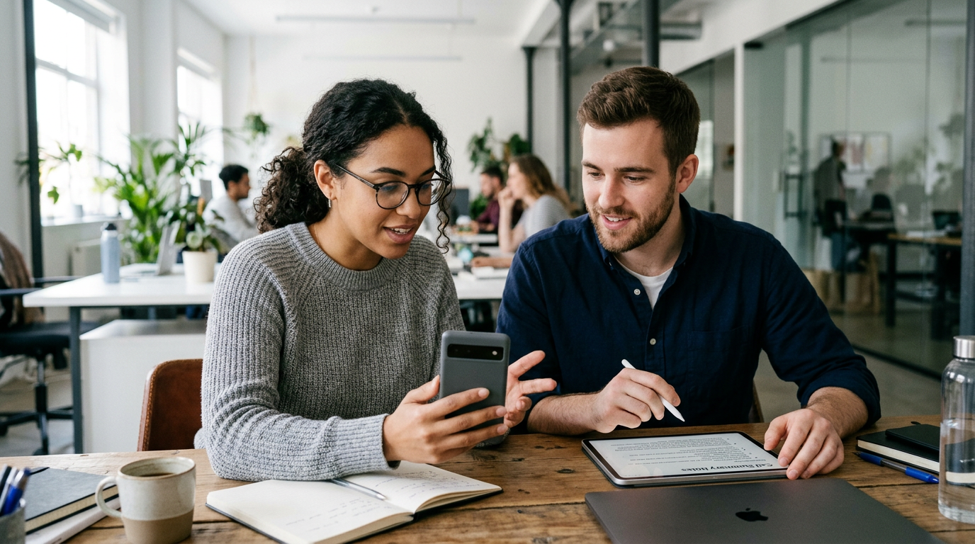 Escena realista de un pequeño equipo con dos personas revisando notas resumidas ...