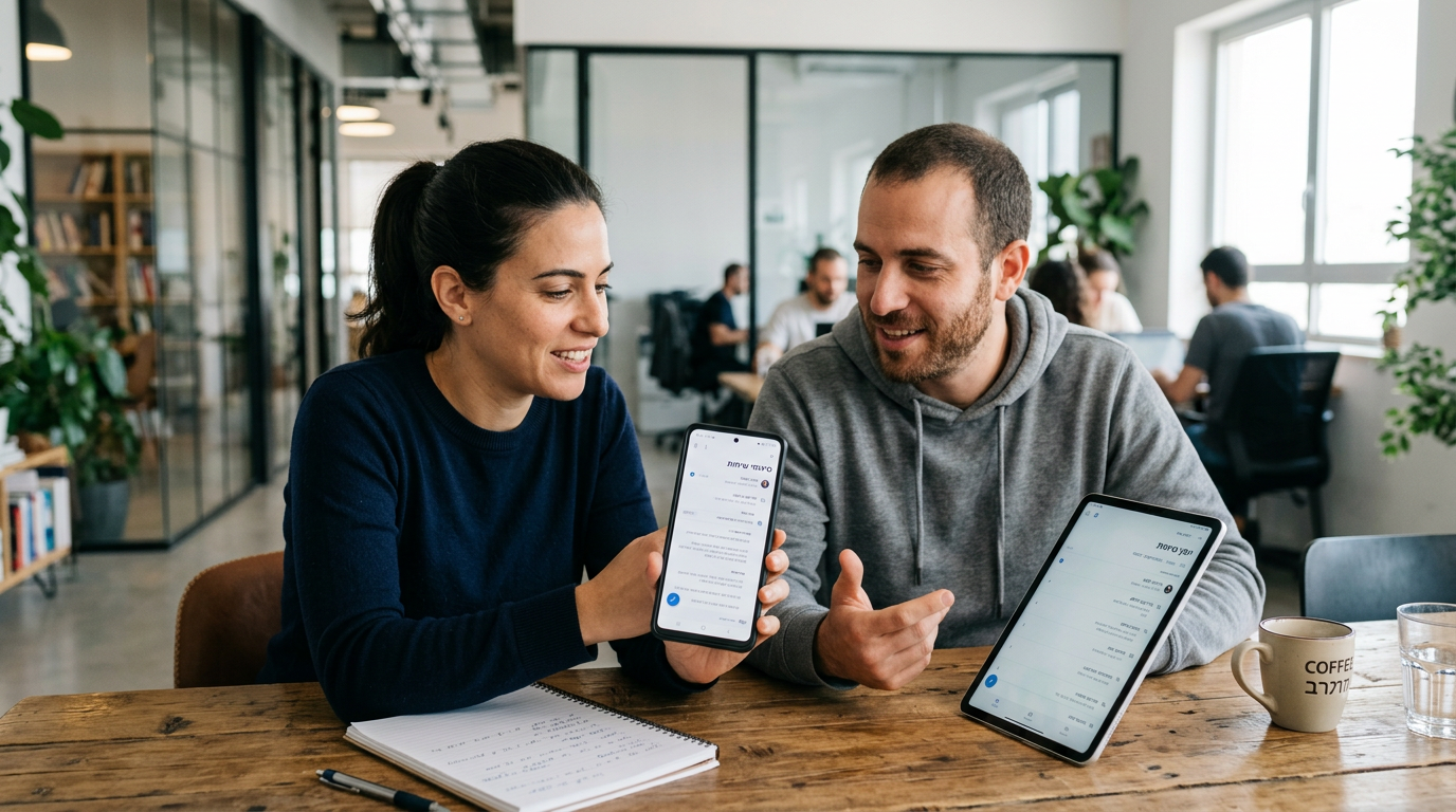 סביבה ריאליסטית של צוות קטן עם שני אנשים שסוקרים סיכומי שיחות על סמארטפון וטאבלט...