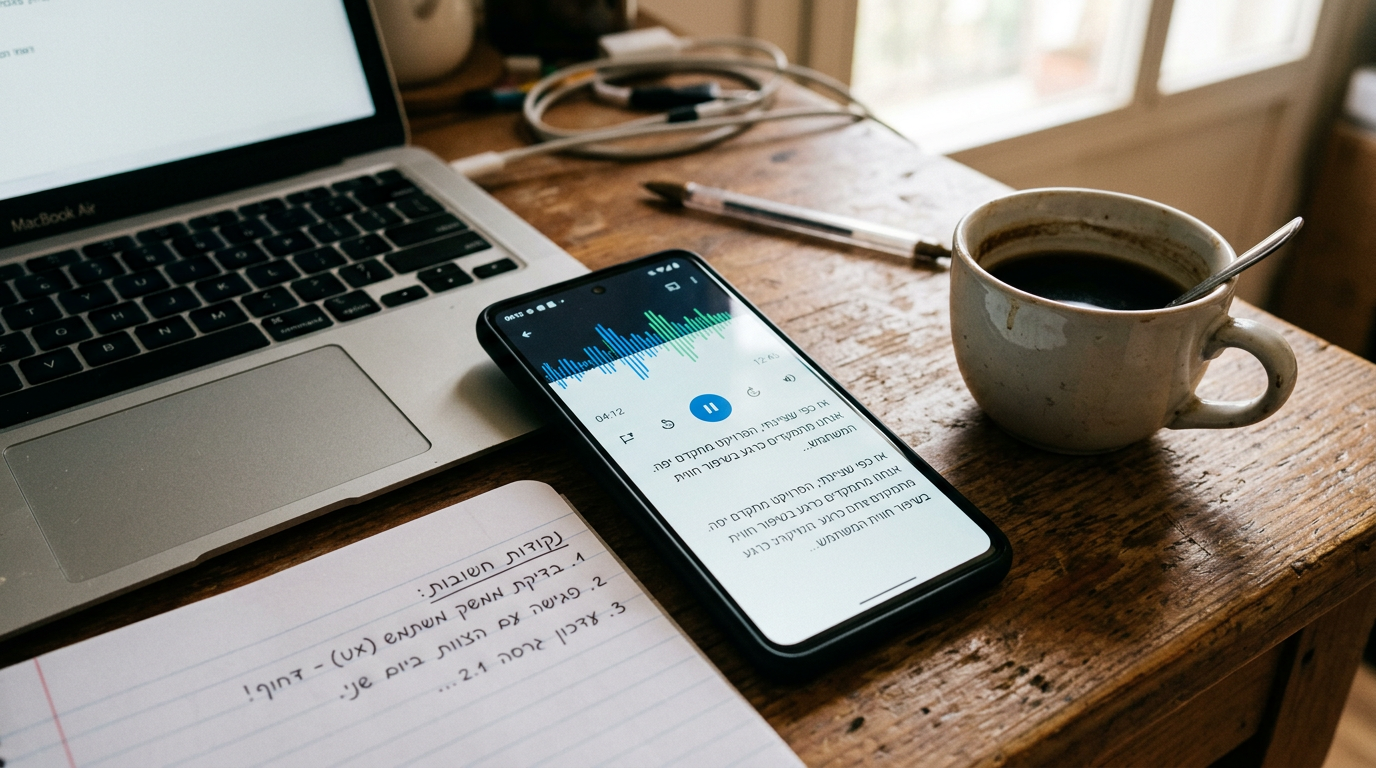 תקריב ריאליסטי של סמארטפון על שולחן שמציג ממשק של גל אודיו ותמלול לצד הערות בכתב...