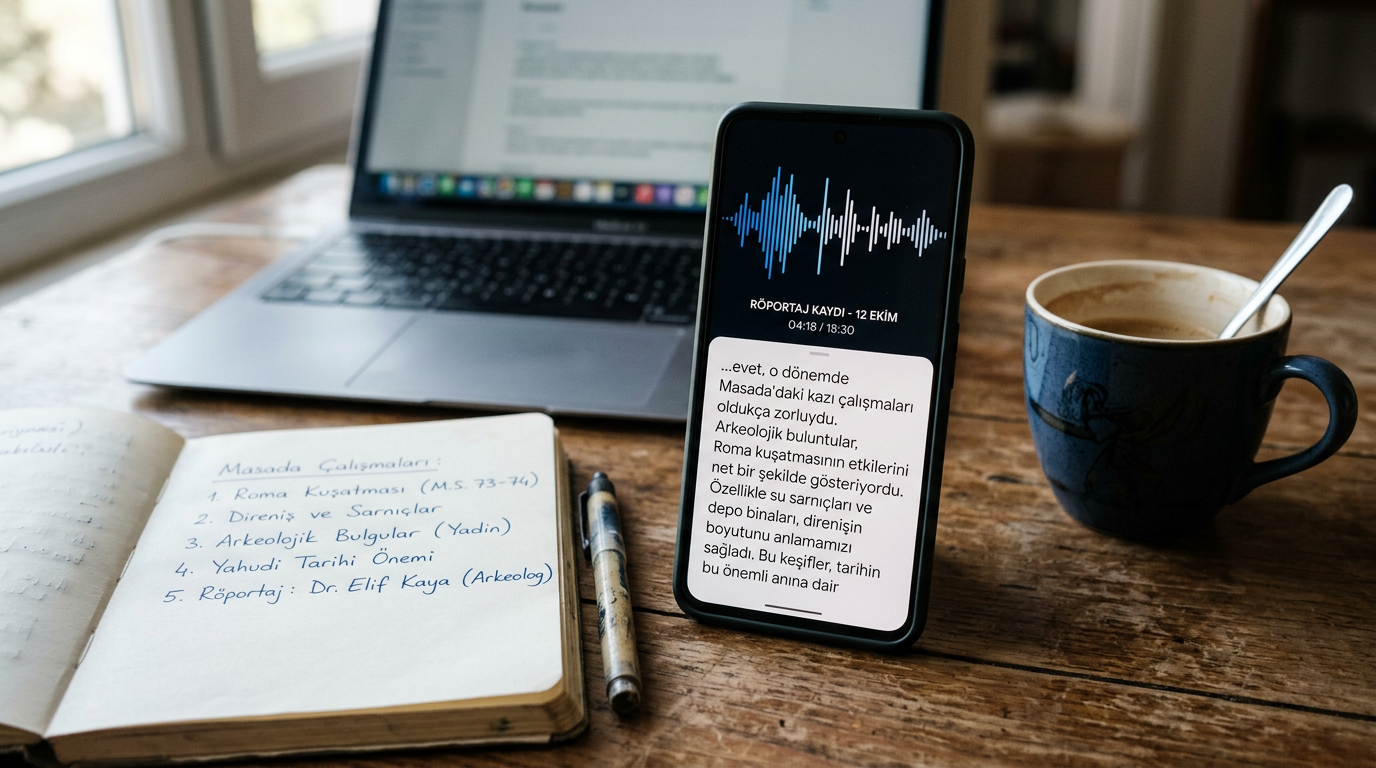 Masada duran bir akıllı telefonun ekranında ses dalga formu ve metin dökümü aray...