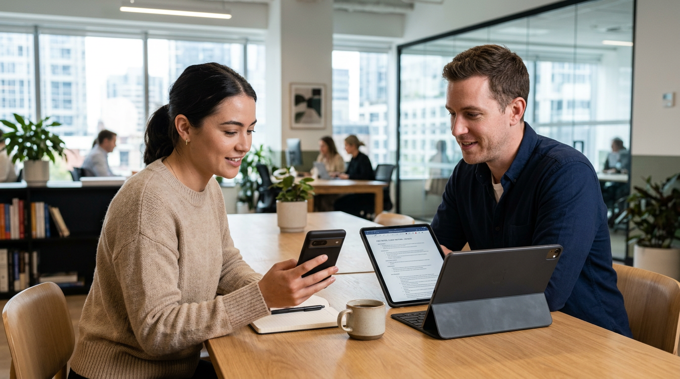 Rahat bir çalışma oturumunda iki kişinin akıllı telefon ve tablet üzerinden özet...