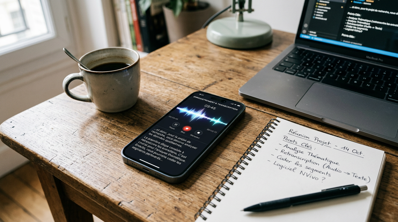 Gros plan réaliste d’un smartphone sur un bureau affichant une forme d’onde audi...