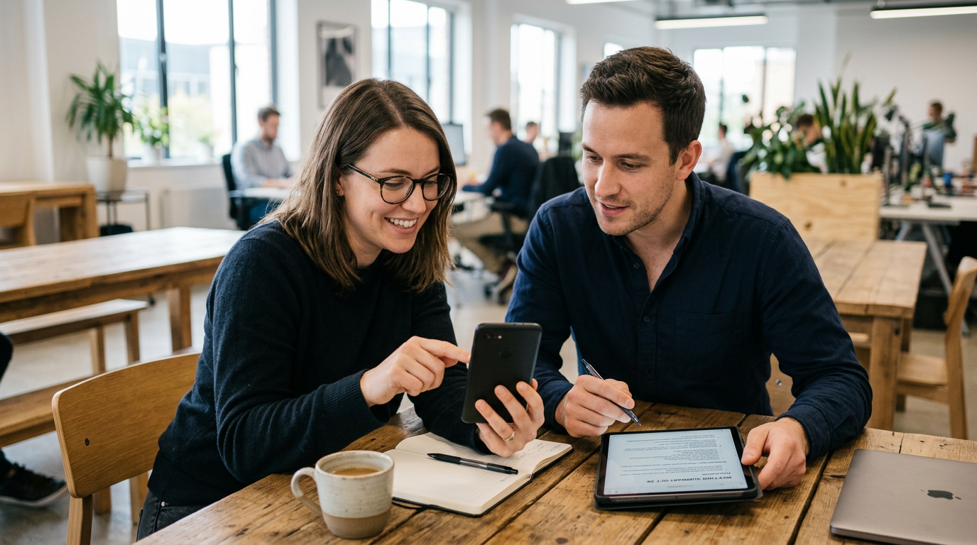 Scène réaliste avec une petite équipe de deux personnes consultant des notes d’a...
