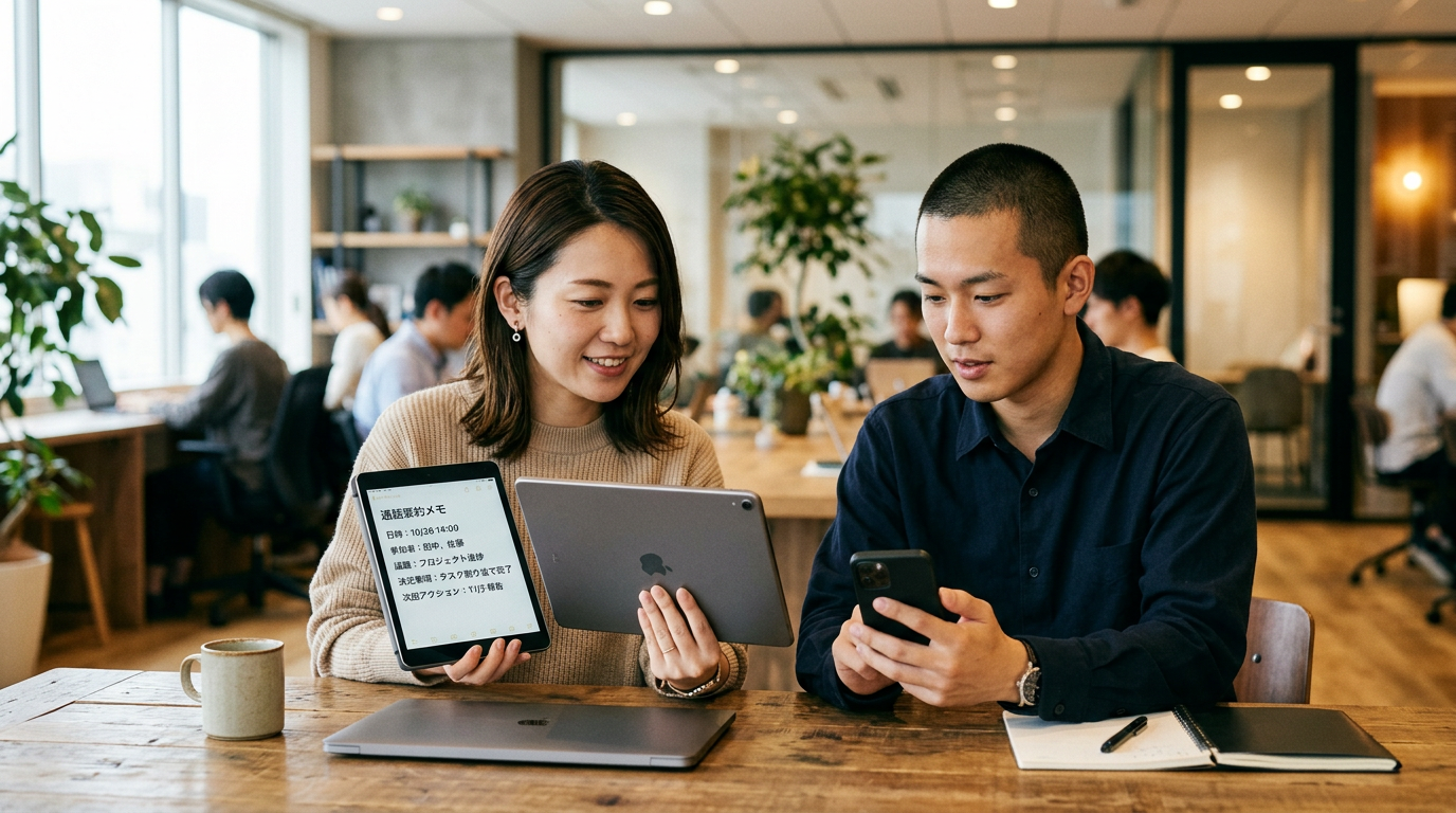 カジュアルな仕事の場で、2人がスマートフォンとタブレットを見ながら通話の要約メモを確認している、小規模チームのリアルなシーン。現代的なオフィスの雰囲気、自然な構...