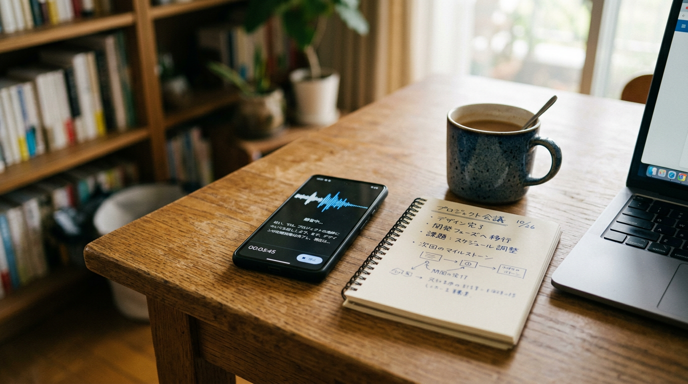 机の上のスマートフォンに音声波形と文字起こしインターフェースが表示され、その横に手書きメモ、マグカップ、ノートPCの端が見えるクローズアップのリアル写真。ドキュ...