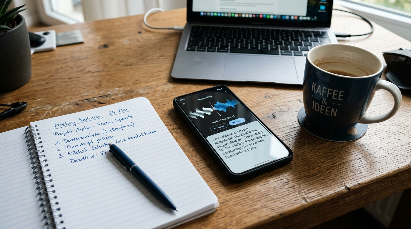 Realistische Nahaufnahme eines Smartphones auf einem Schreibtisch mit Audiowelle...