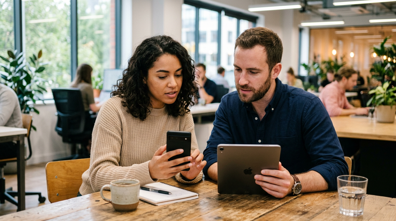 Cenário realista de uma pequena equipe com duas pessoas revisando notas resumida...