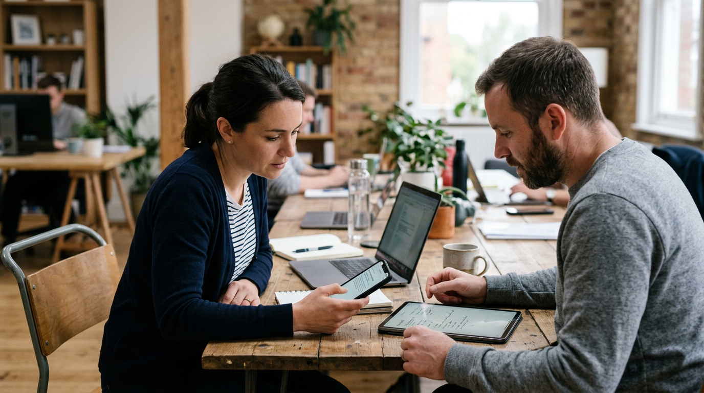 यथार्थवादी छोटे टीम कार्यस्थल का दृश्य, जिसमें दो लोग एक अनौपचारिक कार्य सत्र के...