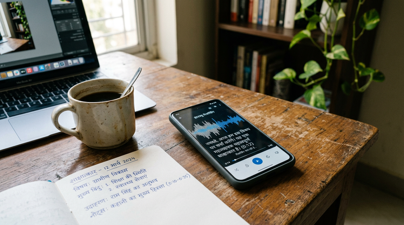 डेस्क पर रखे स्मार्टफोन का क्लोज़-अप यथार्थवादी दृश्य, जिसमें ऑडियो वेवफॉर्म और ...