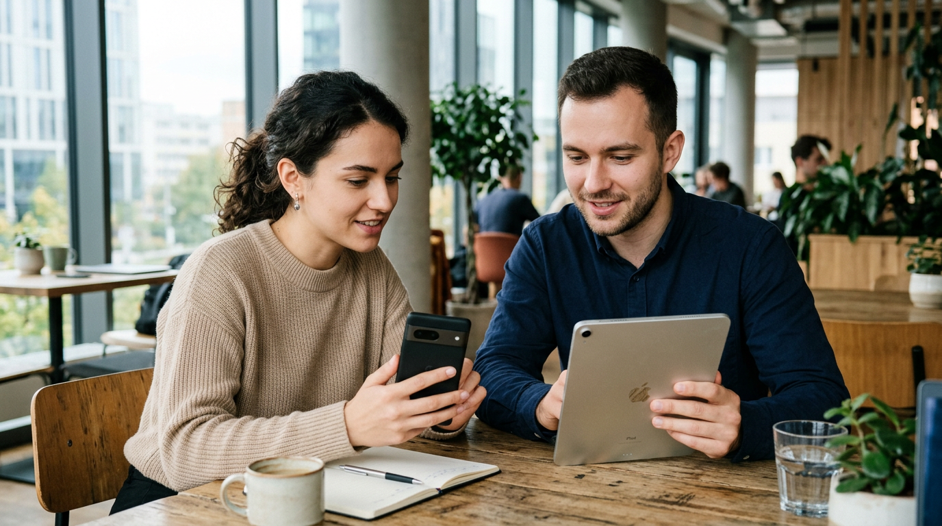 Realistyczna scena małego zespołu: dwie osoby przeglądają podsumowane notatki z ...
