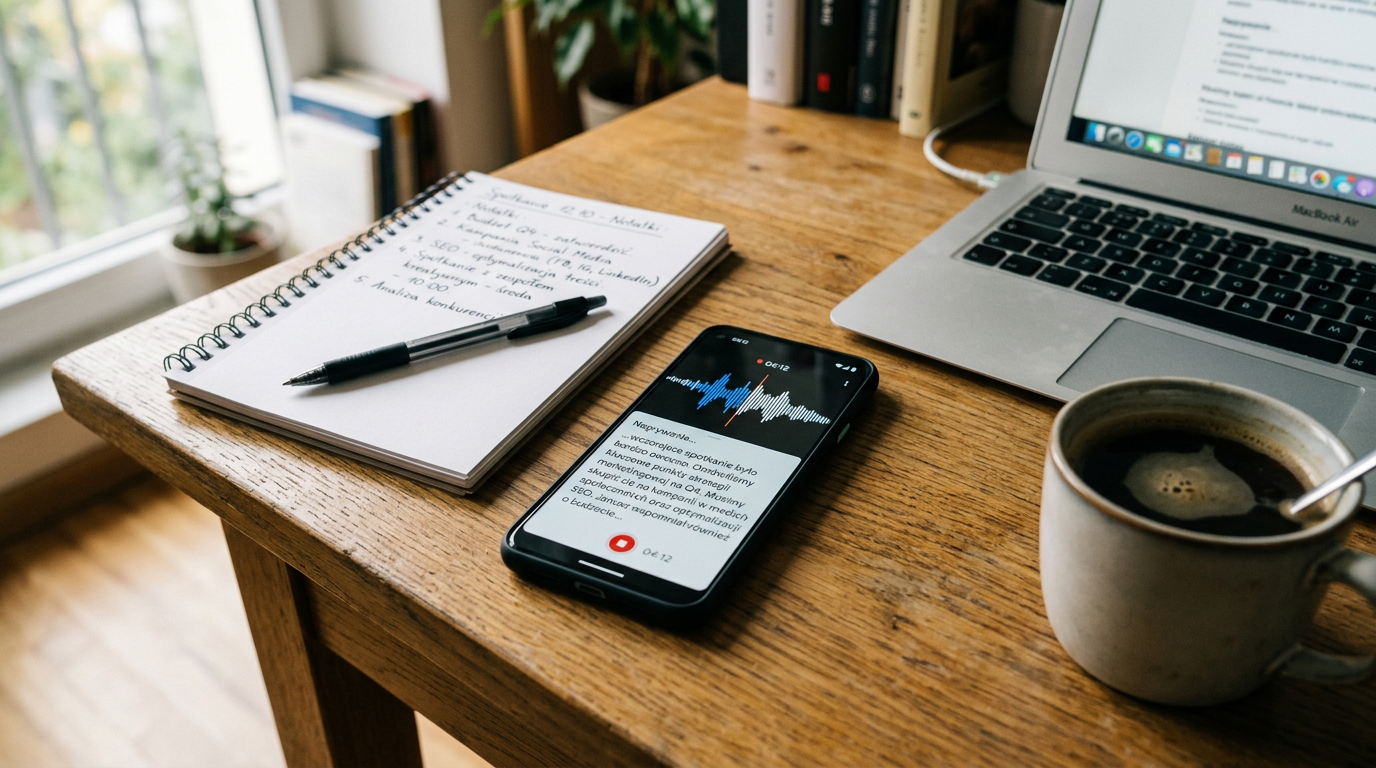 Realistyczne zbliżenie smartfona na biurku z widocznym przebiegiem fali audio i ...