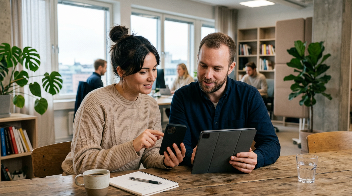 Realistisk miljö med ett litet team där två personer går igenom sammanfattade sa...