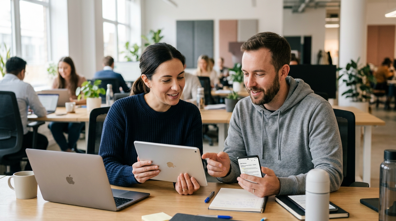 写实的小团队办公场景，两个人在轻松工作时查看手机和平板上的通话摘要笔记；现代办公室氛围，自然抓拍构图，中性色调；无文字叠加，无水印。手机背面不能有屏幕，只有手机...