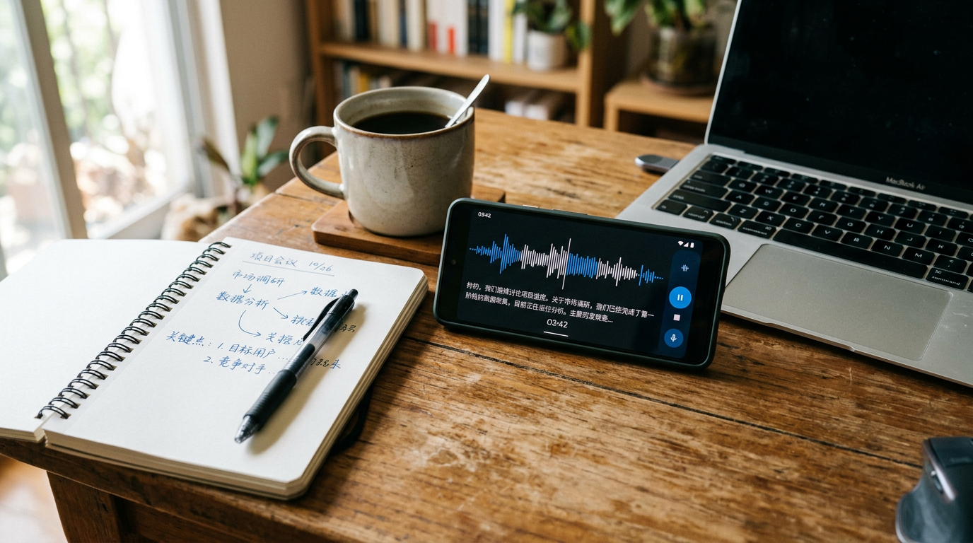 桌面上一部智能手机的近景写实画面，屏幕显示音频波形和转录界面，旁边有手写笔记、咖啡杯和笔记本电脑边缘；纪实编辑摄影风格，柔和室内光线；无文字叠加，无水印。手机背...