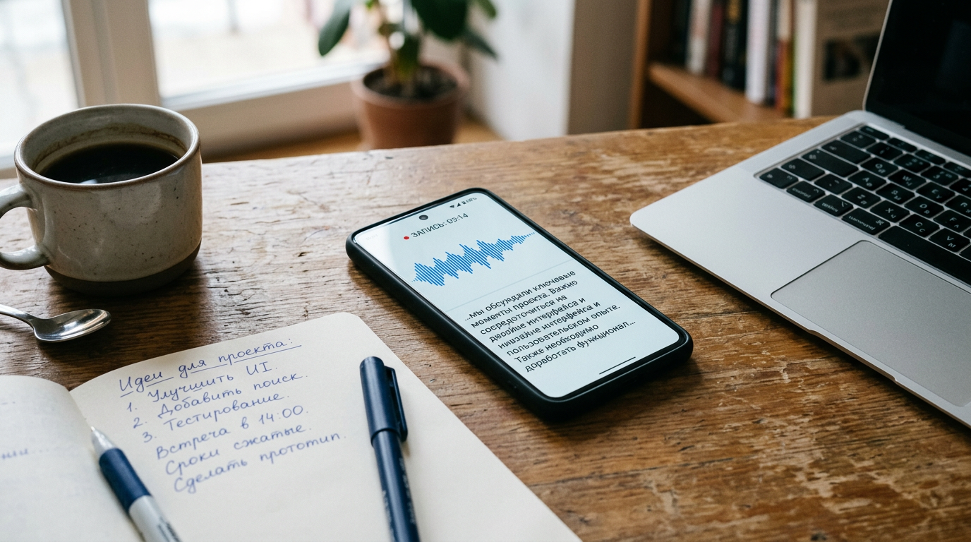 Реалистичный крупный план смартфона на столе с аудиоволной и интерфейсом расшифр...