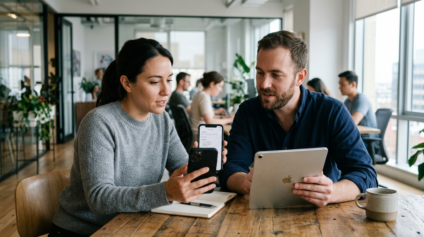 Реалистичная сцена небольшой команды: два человека просматривают краткие заметки...