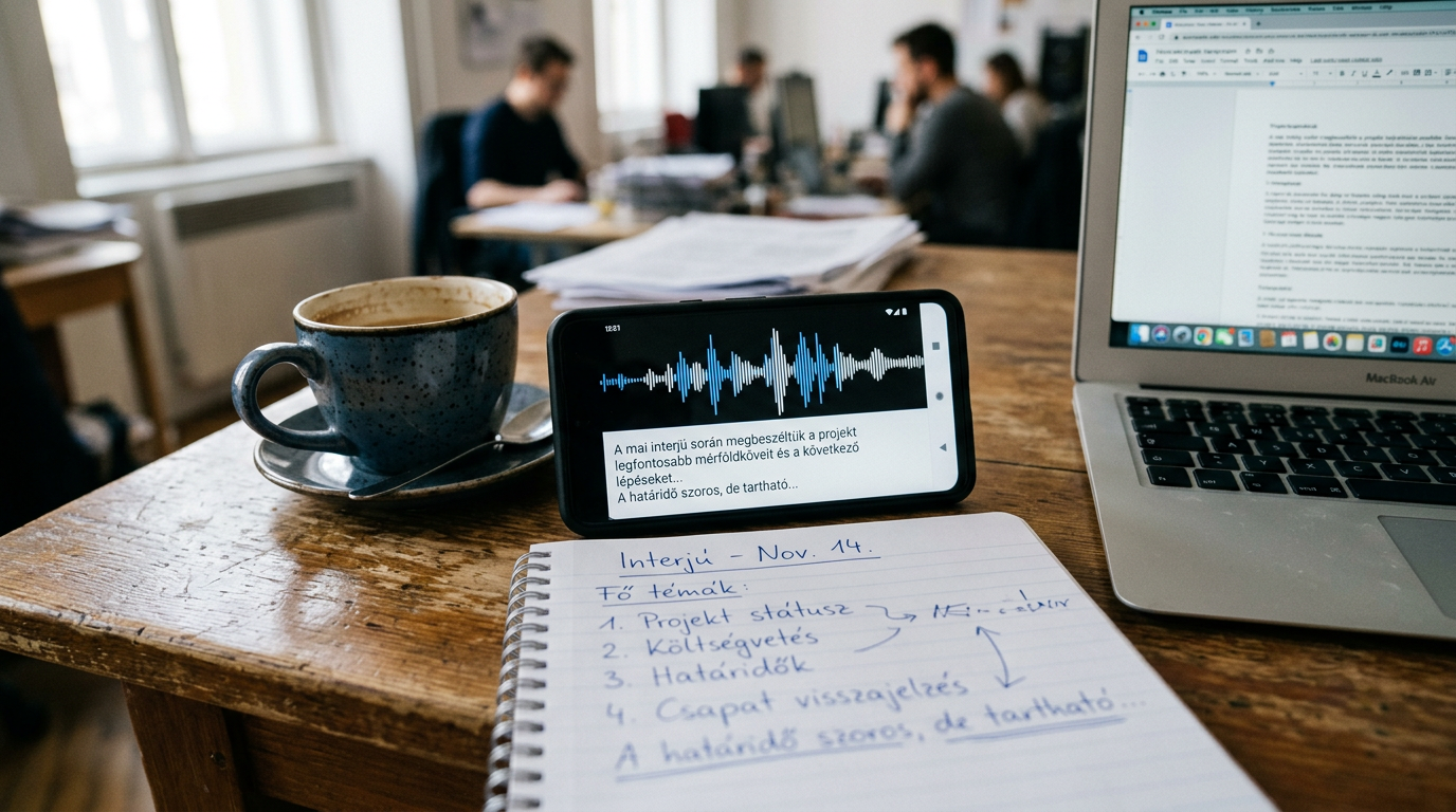 Közeli, valósághű kép egy asztalon fekvő okostelefonról, amelyen hanghullámforma...