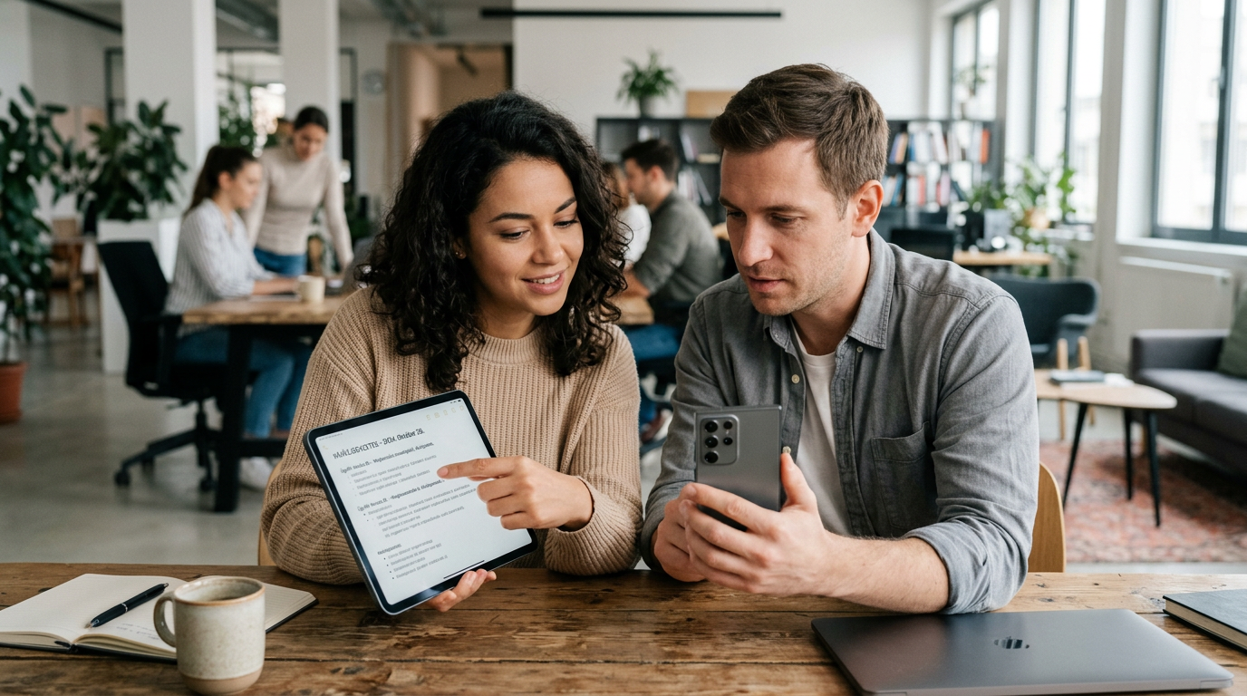 Valósághű kis csapatmunka-jelenet, ahol két ember egy okostelefonon és tableten ...