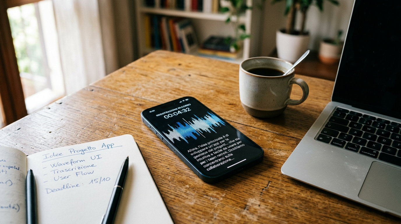 Primo piano realistico di uno smartphone su una scrivania con forma d'onda audio...