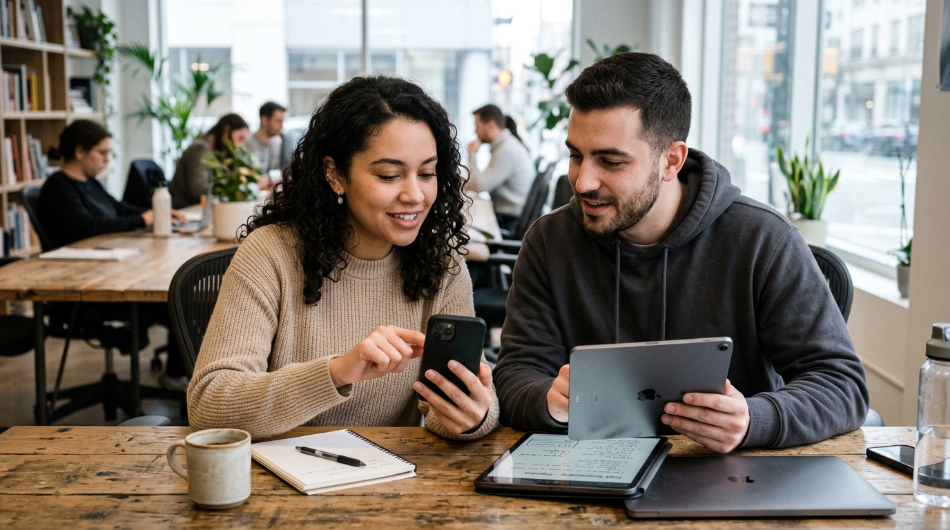 Ambiente realistico di un piccolo team con due persone che rivedono note riassun...