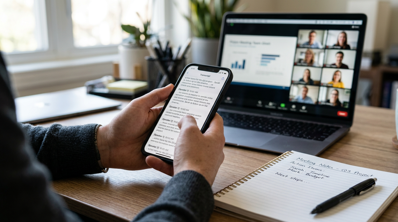 Et realistisk nærbillede af en person, der gennemgår en opkaldstransskription på en smartphone ...