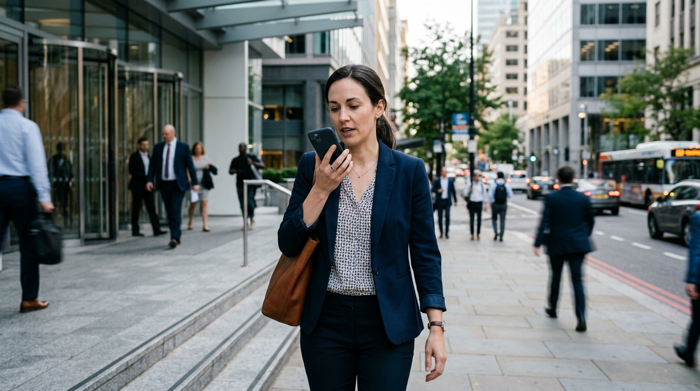 En realistisk scene fra en opdelt arbejdsdag, hvor en professionel forlader en kontorbygning ...