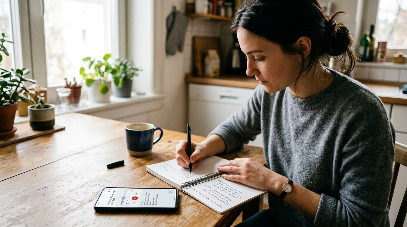 A close-up realistic scene of a person organizing post-call notes on a smartphon...