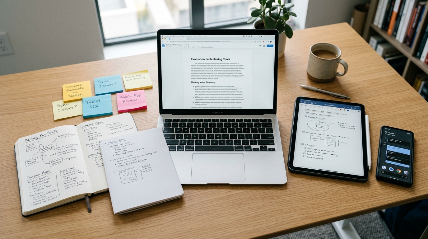 A realistic comparison workspace with sticky notes, a tablet, notebook pages, an...