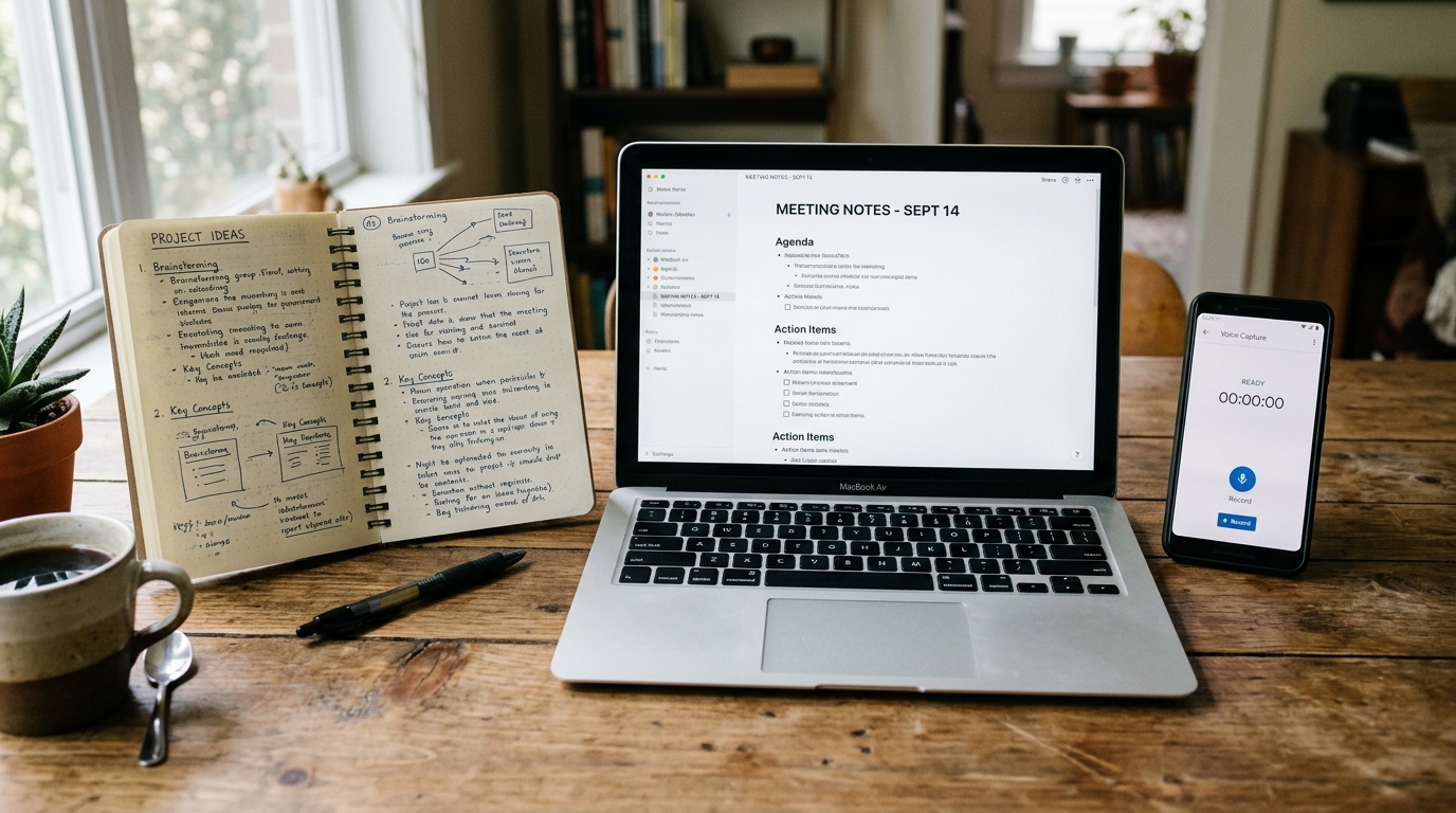 真实办公场景,展示手写笔记、整理好的电脑笔记与桌上准备进行语音记录的智能手机之间的对比概念