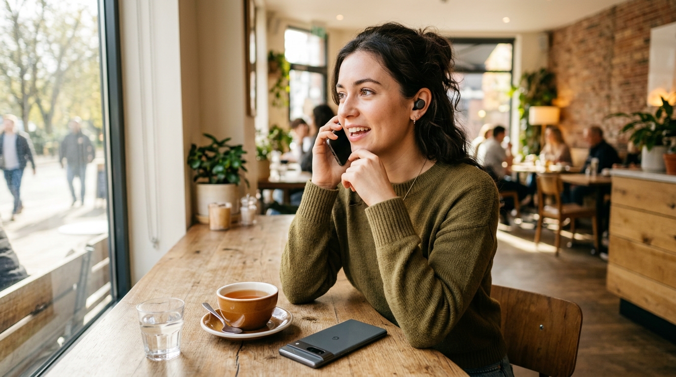 A close-up shot of a person sitting in a bright, modern cafe wearing wireless ea...