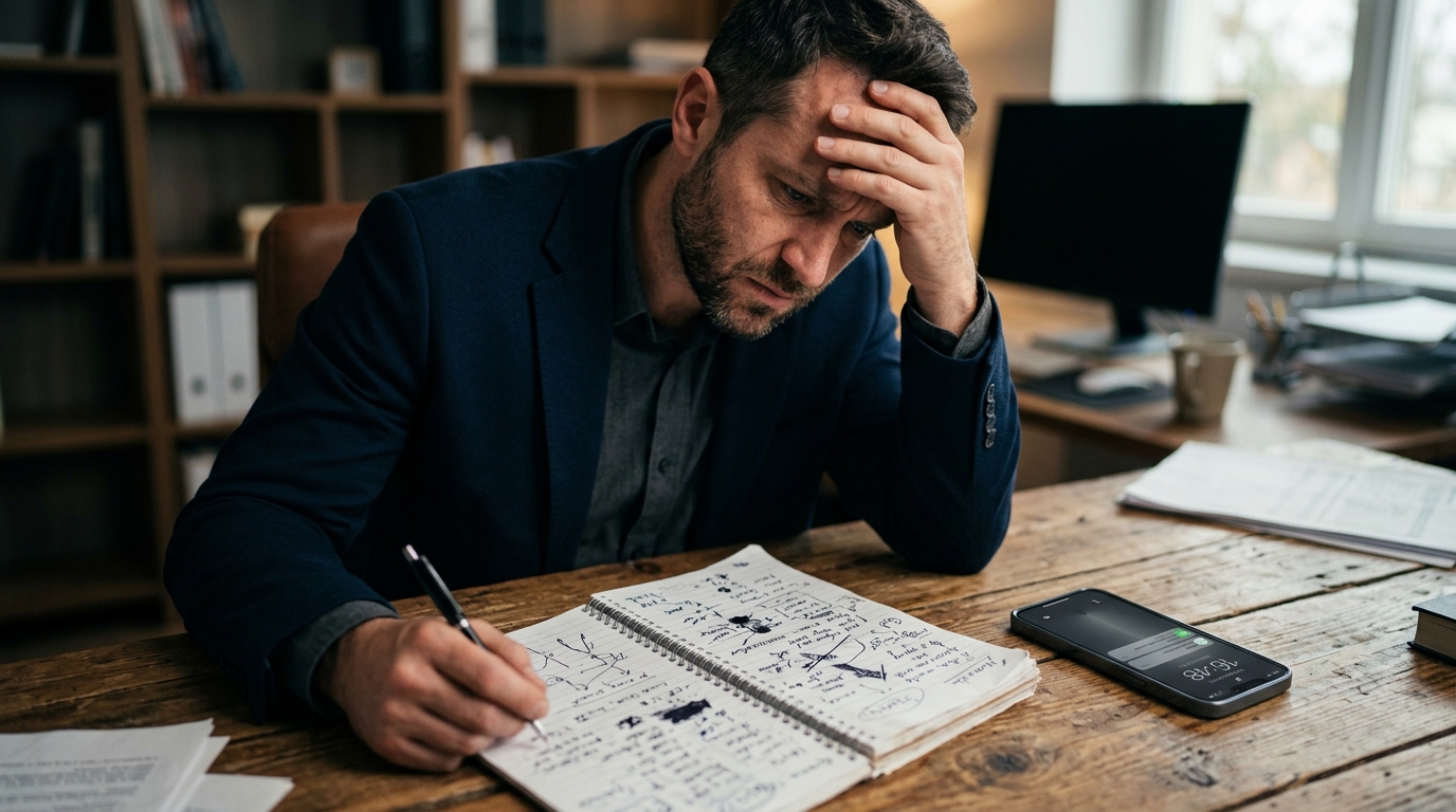 A professional looking frustrated while staring at a messy physical notepad on a...