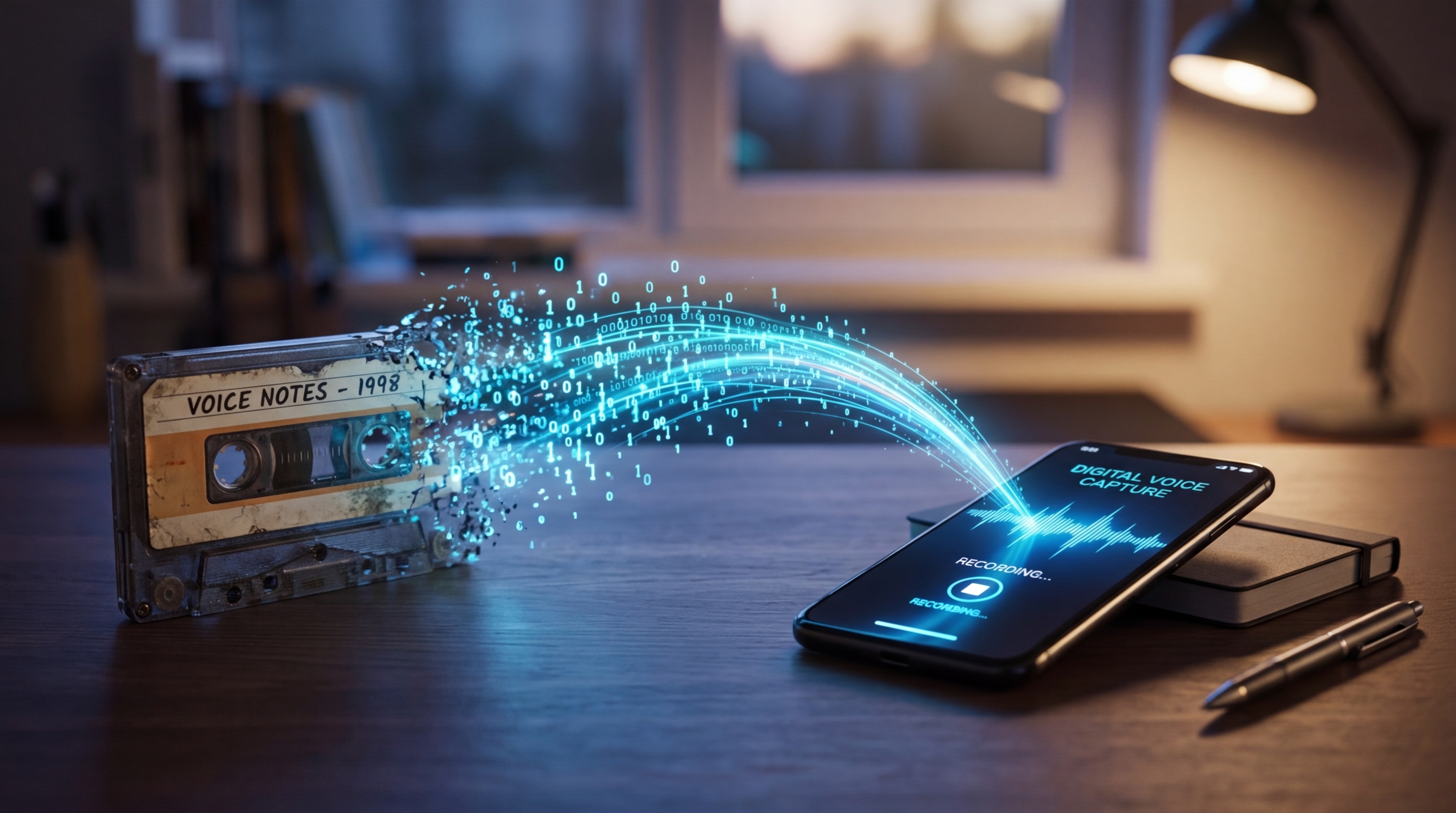 전통적인 카세트 테이프가 빛나는 데이터로 녹아드는 개념적인 이미지.