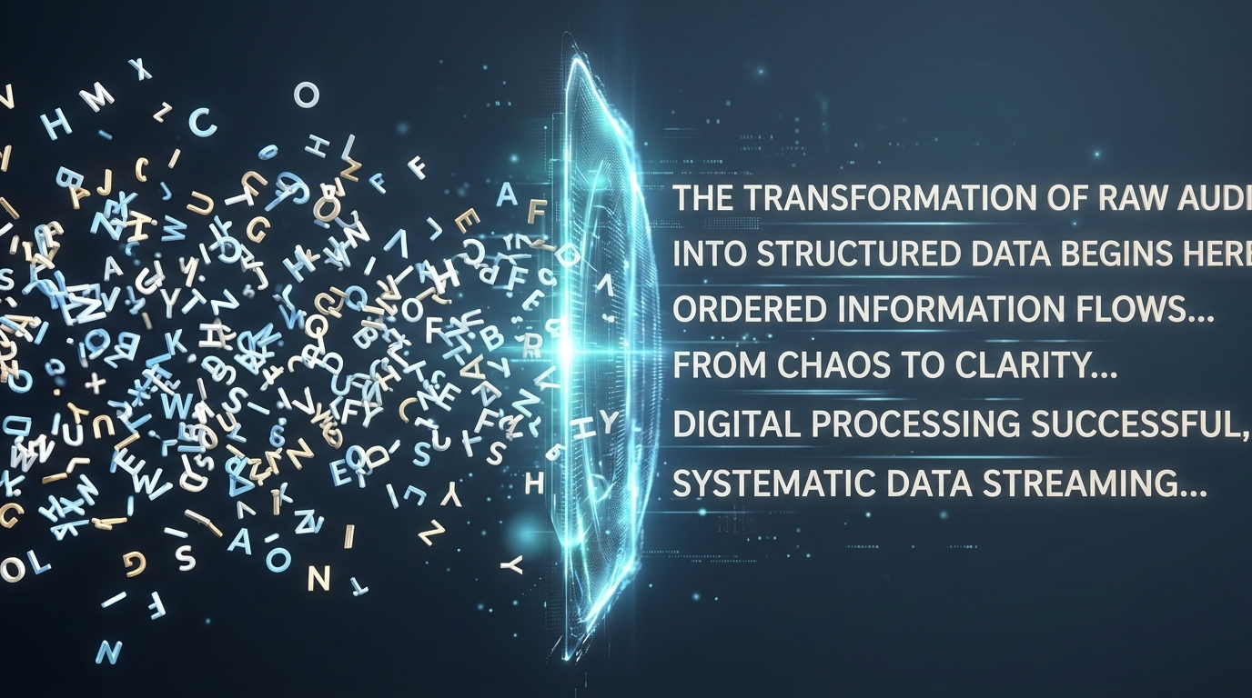 Et konceptuelt billede, der viser et kaotisk virvar af svævende bogstaver, der elegant...