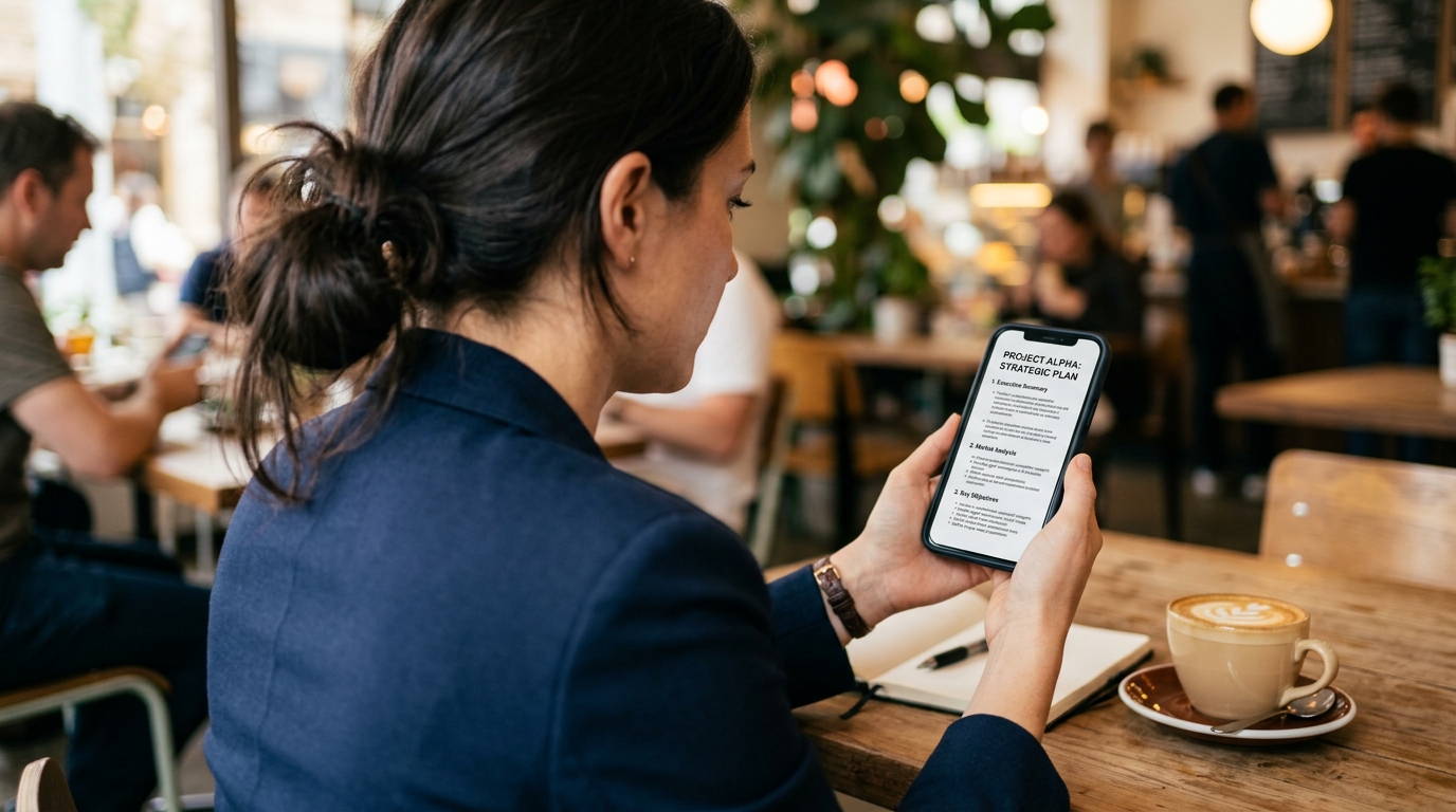 Et tæt perspektiv over skulderen på en professionel person, der sidder ved et cafébord...