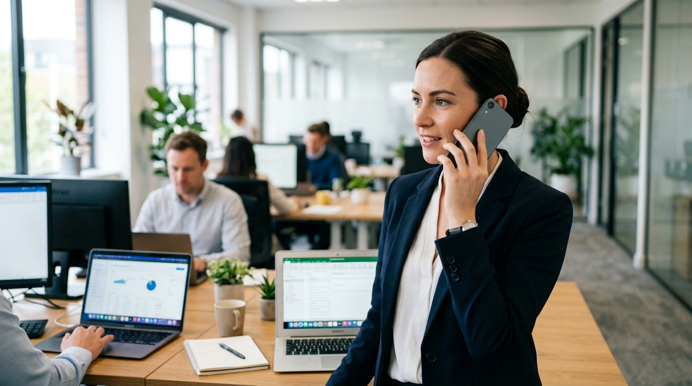 A professional holding a smartphone up to their ear in a well-lit office setting