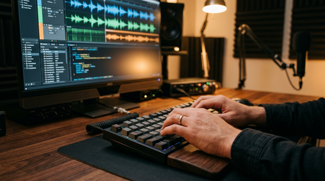 Close-up of a person's hands typing on a mechanical keyboard in front of a monitor