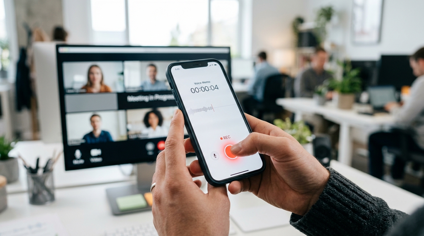 明るいオフィスで最新のスマートフォンを持つ人の手元