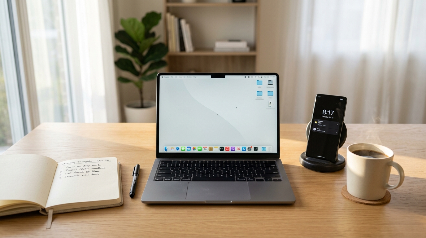 A minimalist home office setup with a sleek laptop, a smartphone on a wireless c...