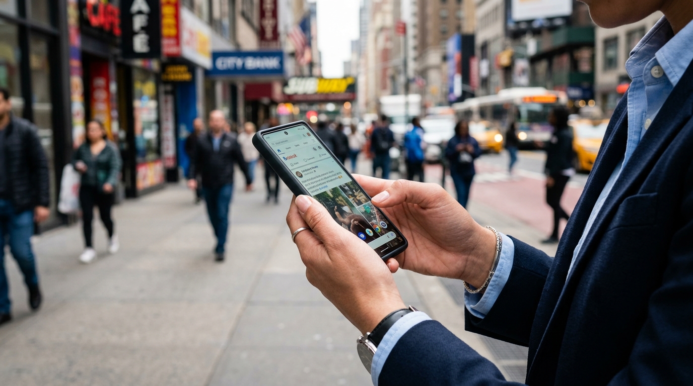 A close-up shot of a person's hands holding a smartphone while walking outdoors ...